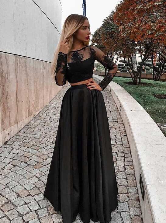 Two Piece Long Sleeve Floor-Length Black Prom Dress with Lace ...