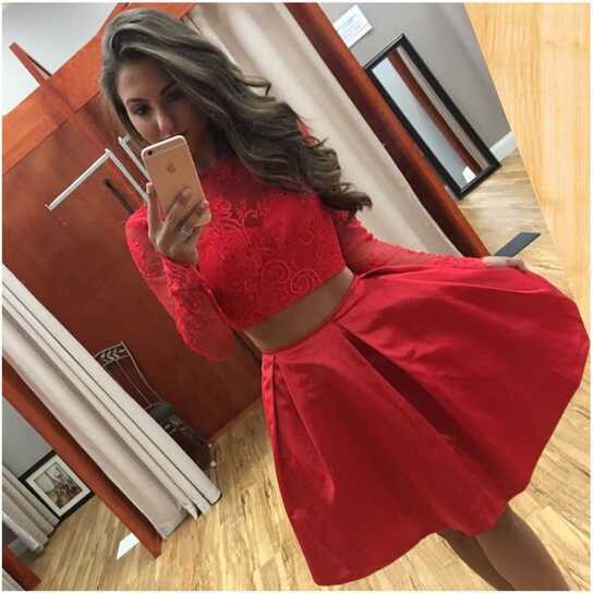 Two Piece Long Sleeves Short Red Lace Satin Homecoming Dress Girls ...