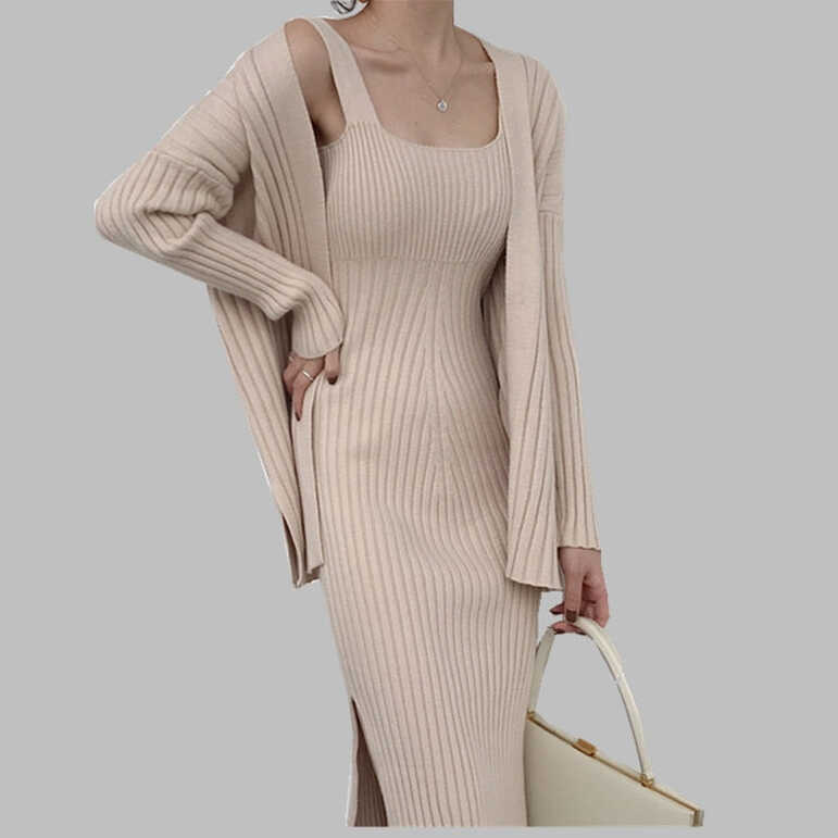 Two Piece Ribbed Knit Midi Dress with Long Sleeve Sweater Robe ...