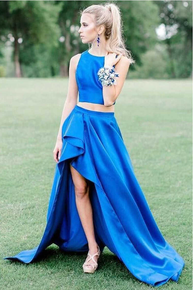 Two Piece Royal Blue High Low Prom Dress Formal Evening Fancy ...