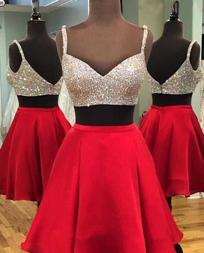 Two Piece Short Red Homecoming Dress With Sparkly Top | Red ...