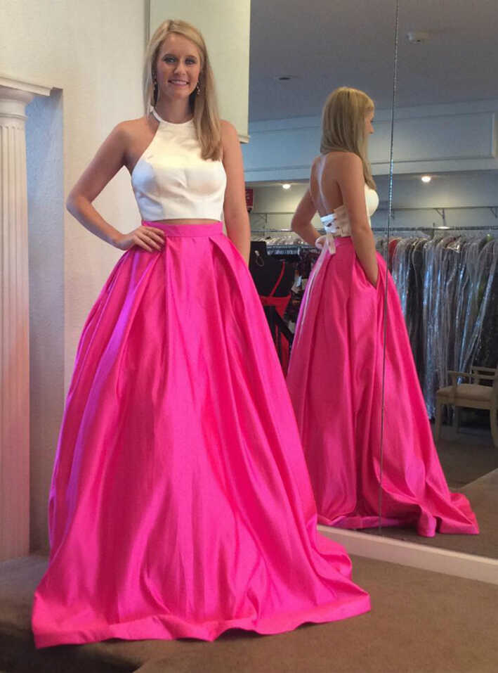 Two Piece White And Hot Pink Satin Backless Prom Dresses