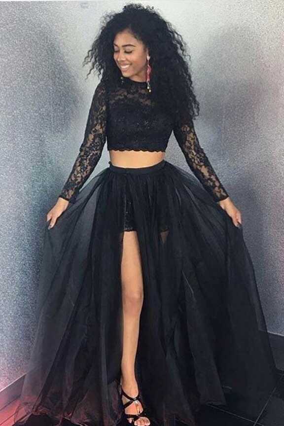 Two Pieces Black A-Line Long Sleeve O-Neck Long Prom Dresses ...