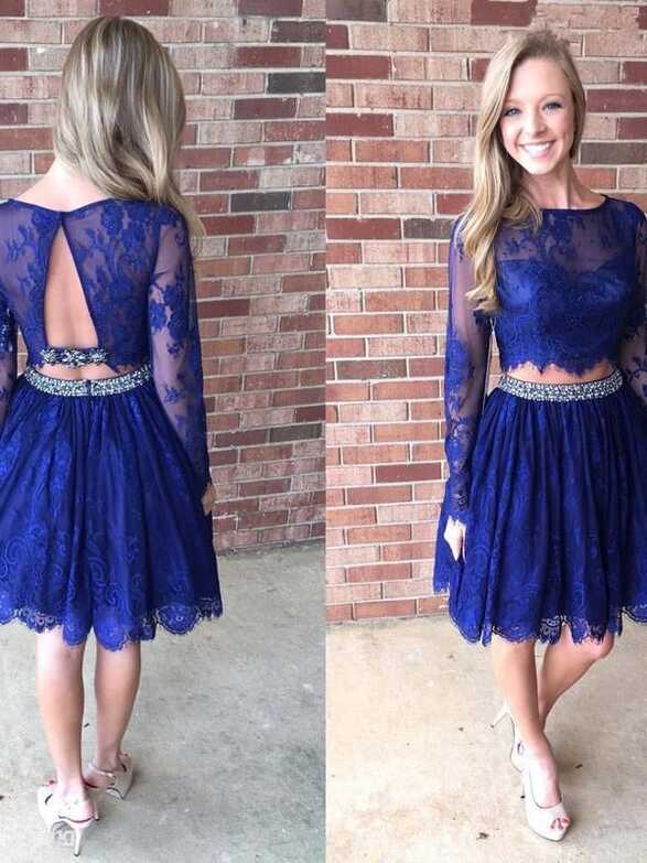 Two Pieces Long Seeves Royal Blue Lace Short Prom Dress Homecoming ...