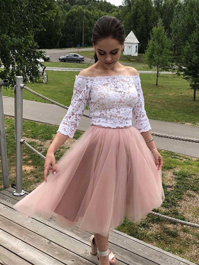 Two Pieces Long Sleeves White Lace Top Pink Short Prom Dresses ...