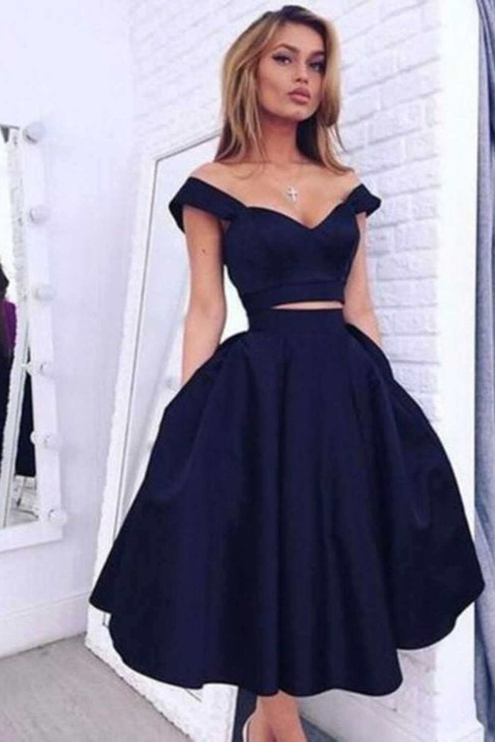 Two Pieces Off Shoulder Short Navy Blue Prom Dresses, 2 Pieces ...