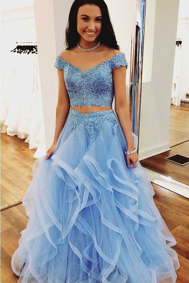 Two Pieces Off Shoulder Short Sleeve Light Blue Lace Prom Dress ...