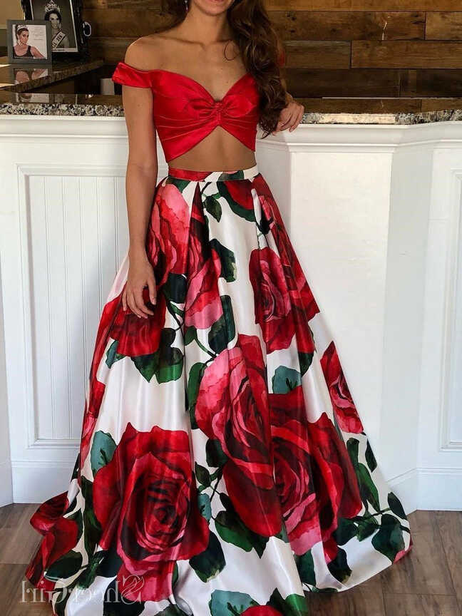 Two Pieces Off The Shoulder Red Prom Dresses With Floor Length ...