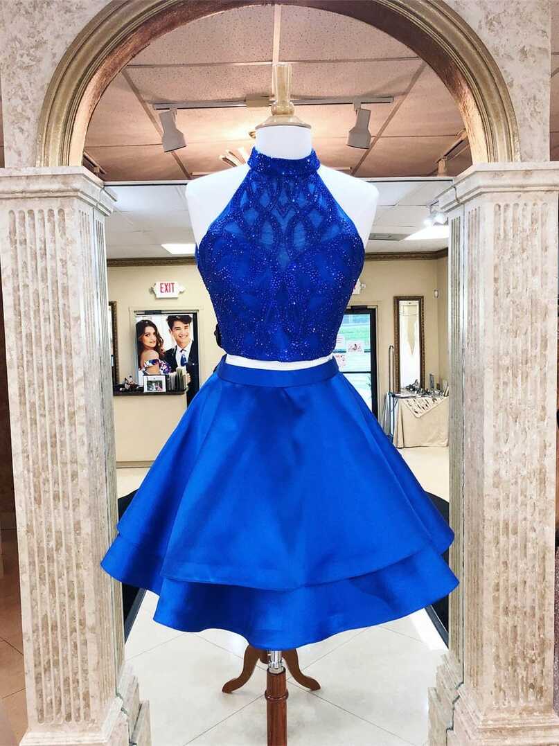 Two Pieces Royal Blue Homecoming Dress, Short Prom Dress ,Winter ...