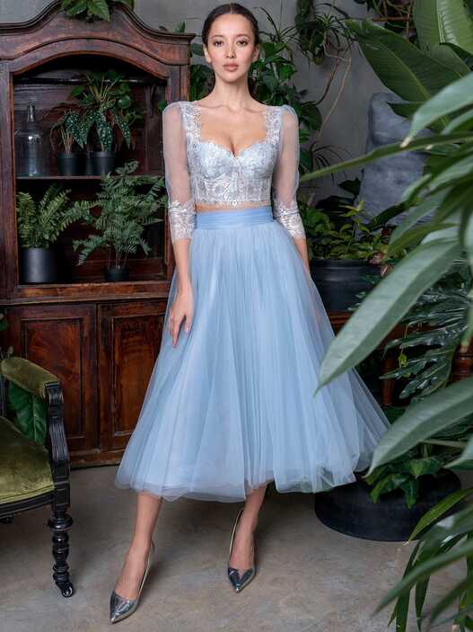 Two-piece lace crop top and tulle skirt set