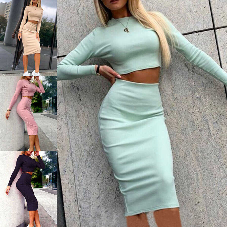 Two piece set Women Long Sleeves Crop Top Midi Bodycon Skirt ...