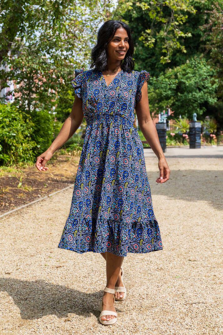 Tyra Navy &amp; Blue Floral Print Midi Dress – Born Clothing