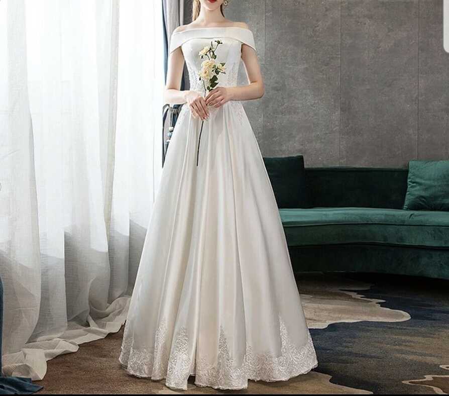 UK Simple White ivory Off shoulder Satin A Line Floor Wedding ...