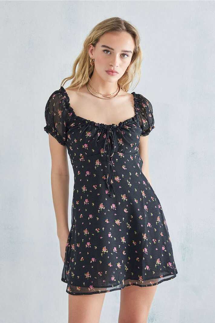 UO Black Floral Becca Mini Dress | Urban Outfitters UK