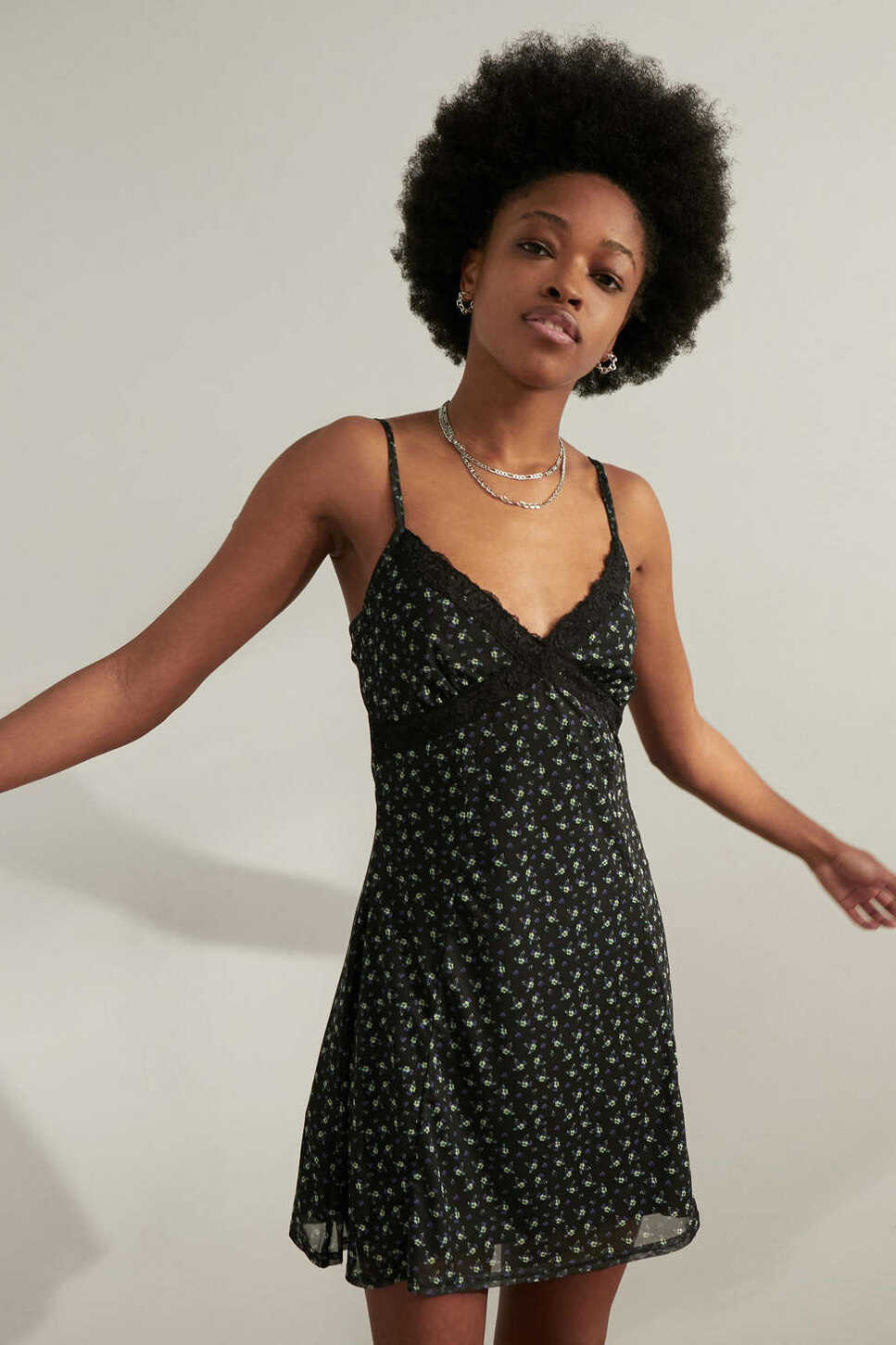 UO Black Floral Lace Mesh Mini Dress | Urban Outfitters