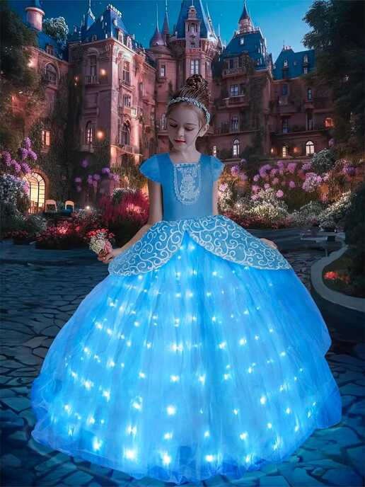 UPORPOR Light Up Cinderella Girls Costume Princess Blue Fairy ...