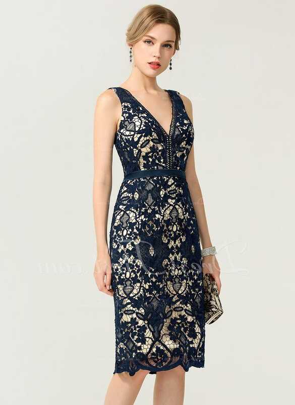 US$ 161.00] Sheath/Column V-Neck Knee-Length Lace Cocktail Dress ...