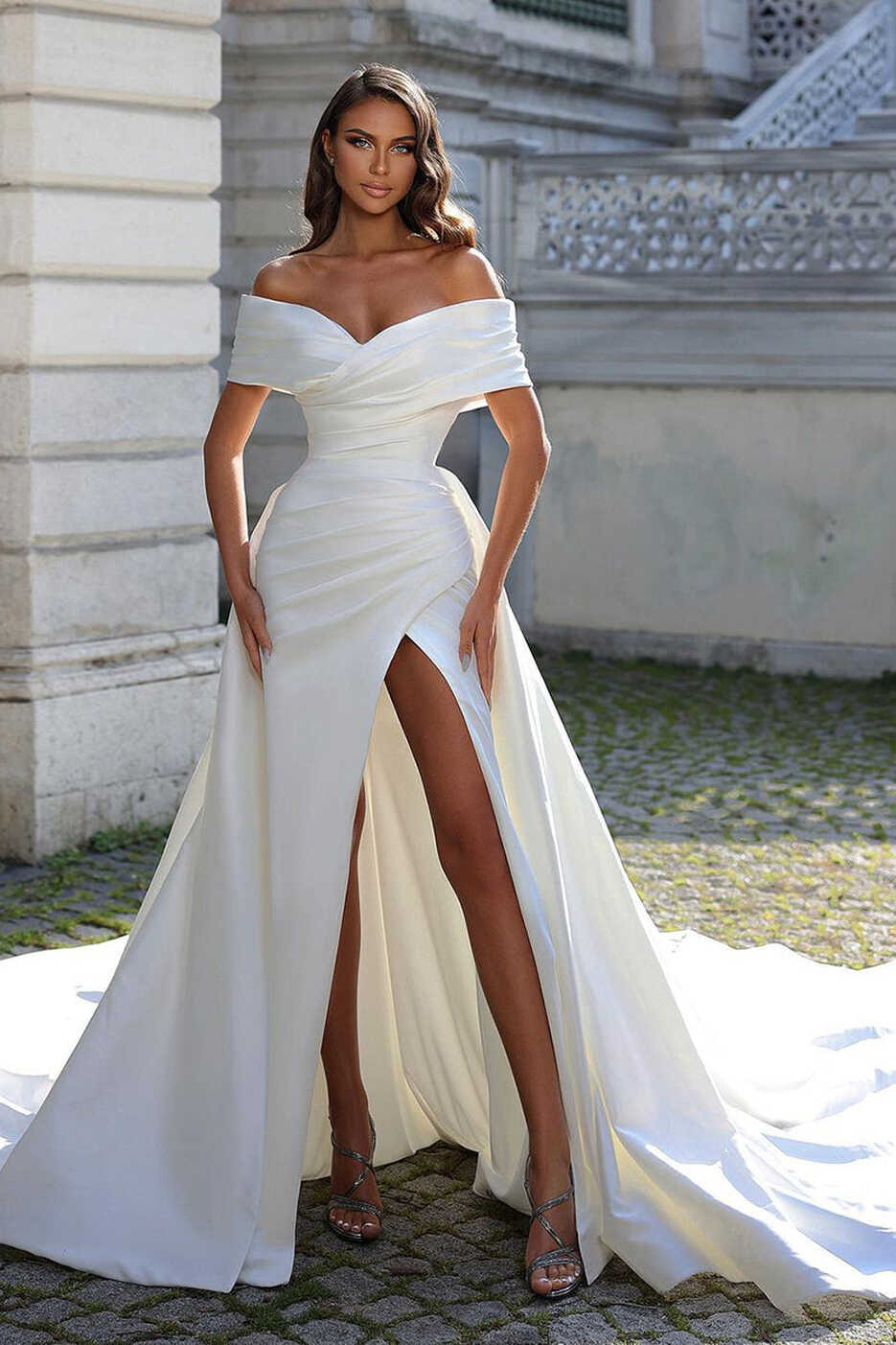 Unique Off Shoulder High Split Satin Mermaid Wedding Dress with ...