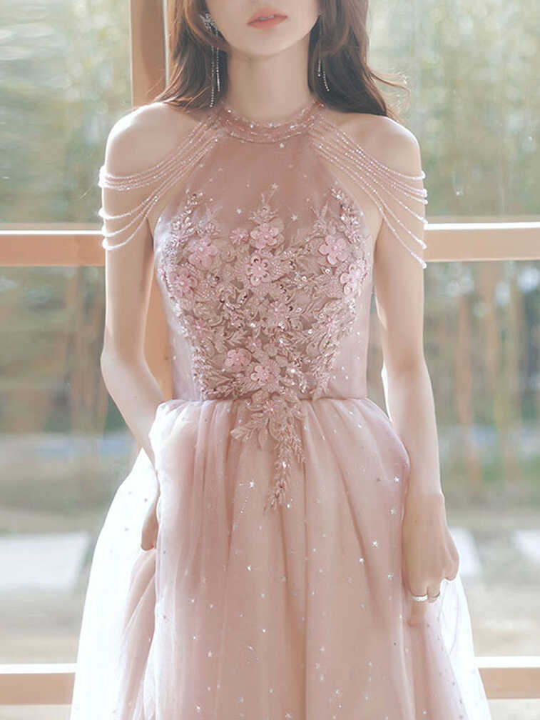 Unique Pink Tulle Lace Tea Length Prom Dress, Pink Tulle Formal ...