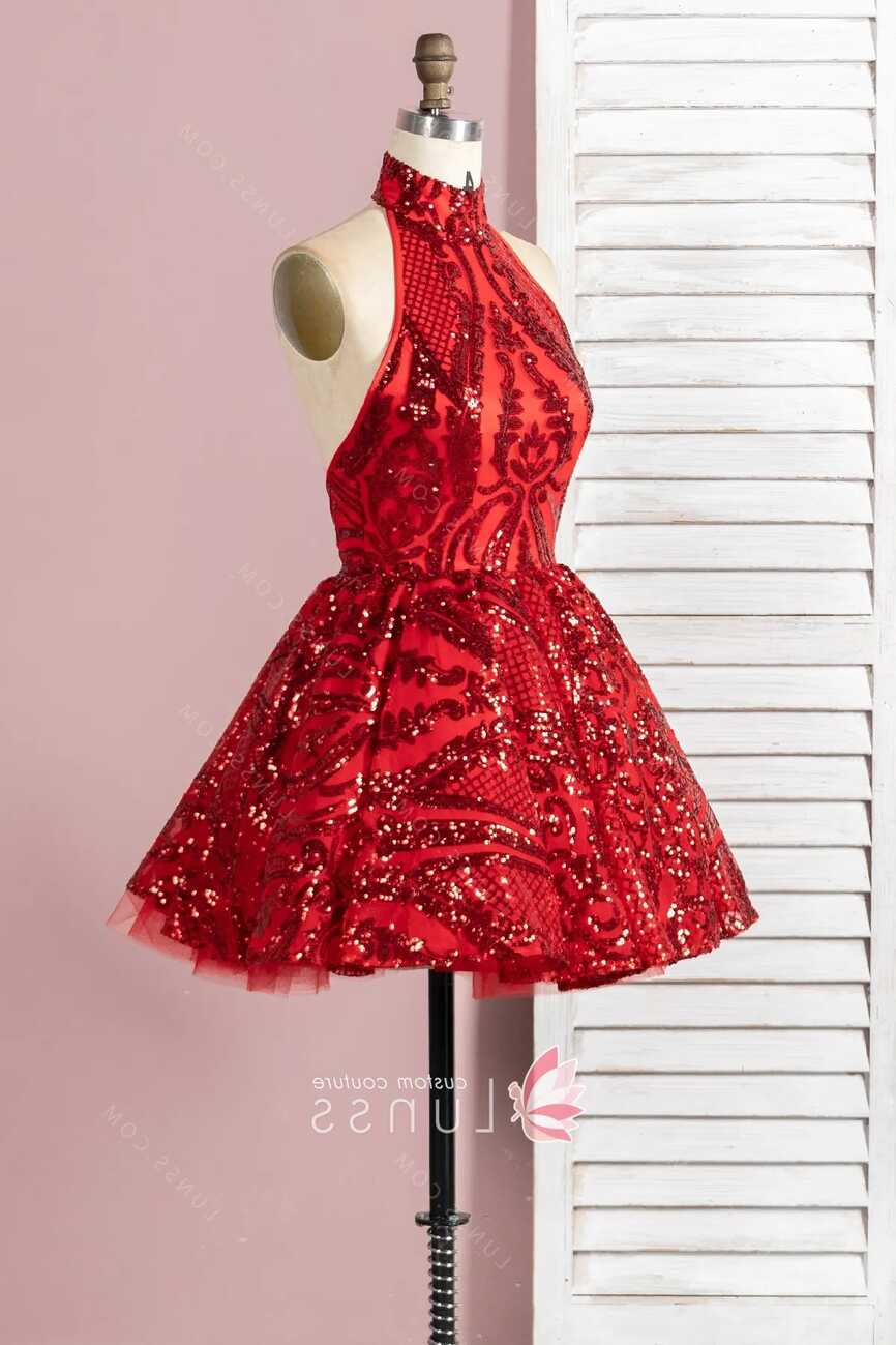 Unique Red Sequin with Tulle Short Puffy Cocktail Dress - Lunss