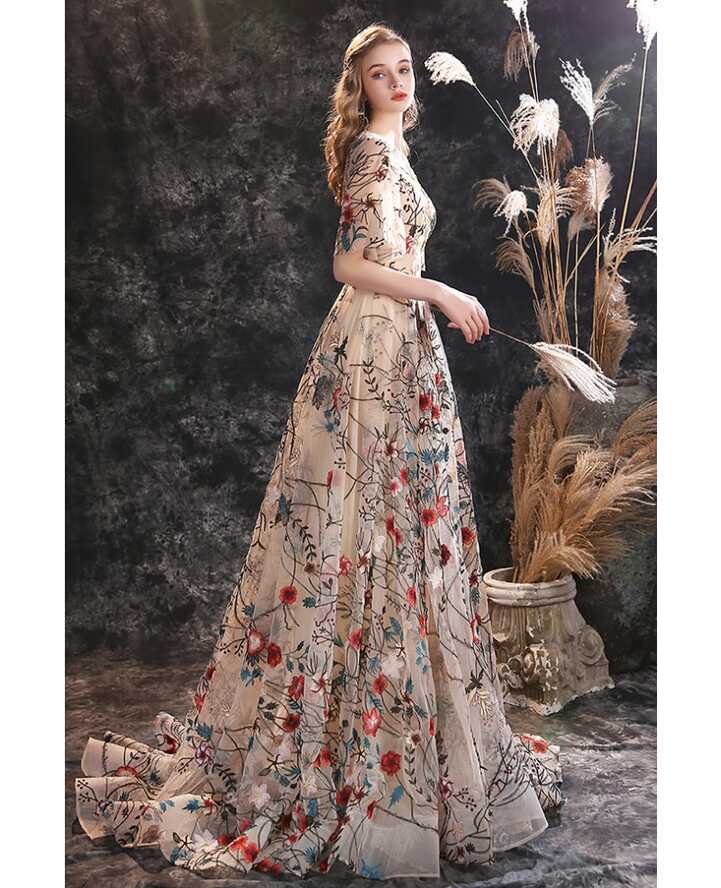 Unique Romantic Floral Embroidery Lace Formal Prom Dress with ...