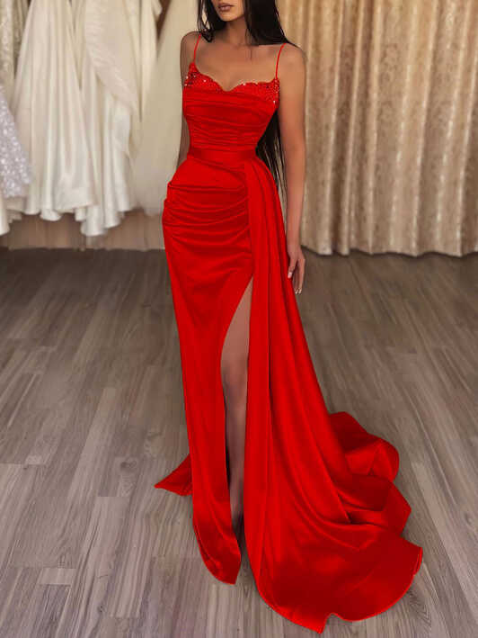 Unique mermaid satin long prom dress red long formal party dress ...