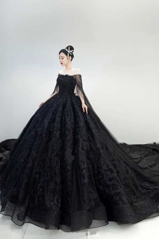 Unique off shoulder black lace sparkling glitter ball gown wedding ...