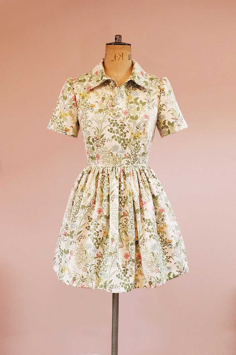 Upcycled Cutesy Floral Cottagecore Mini Dress With Retro Collar