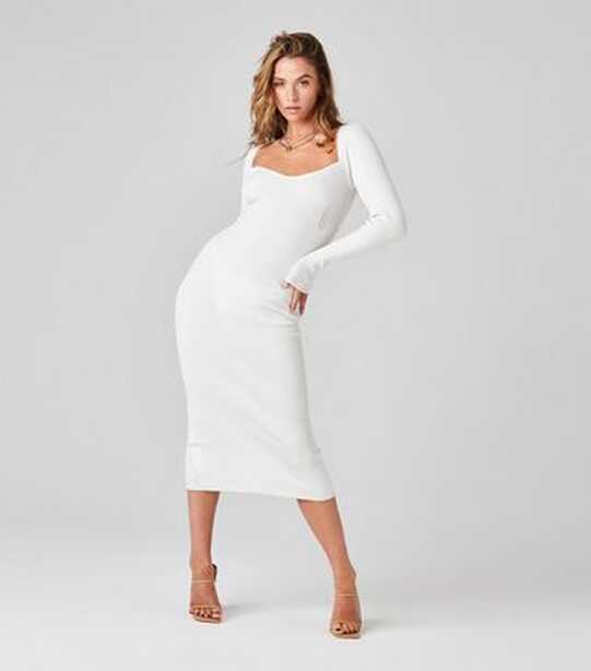 Urban Bliss Cream Sweetheart Neck Long Sleeve Midi Bodycon Dress ...