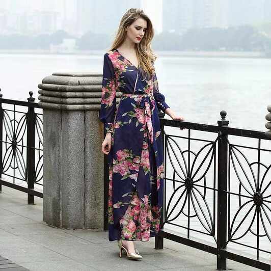 Uzun Kollu Çiçekli Baskılı Maxi Dress Ladies Summer Casual ...