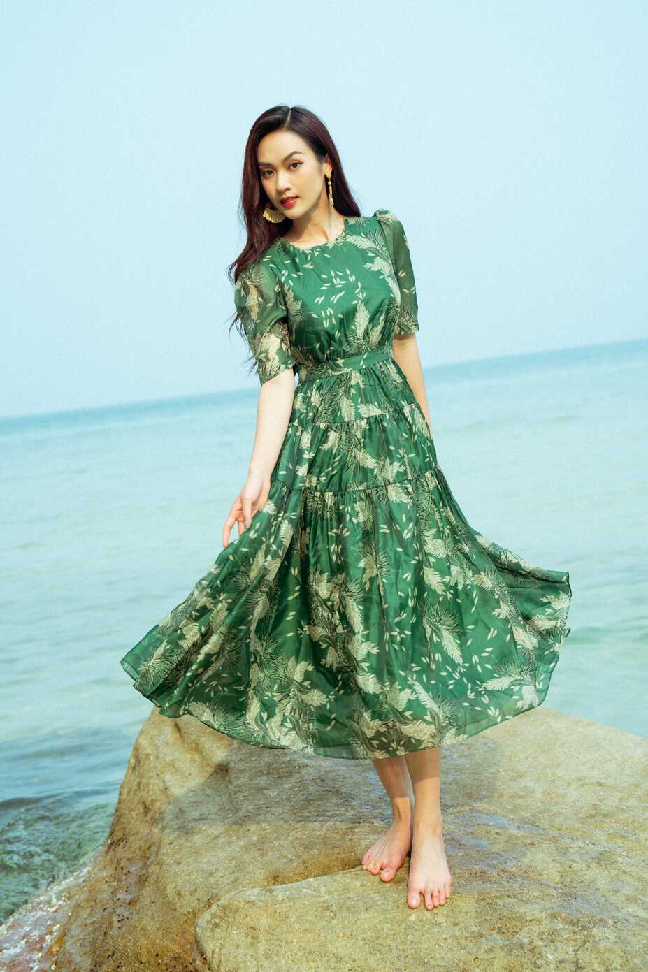 Váy Đầm - Green Floral Short Sleeves Midi Dress