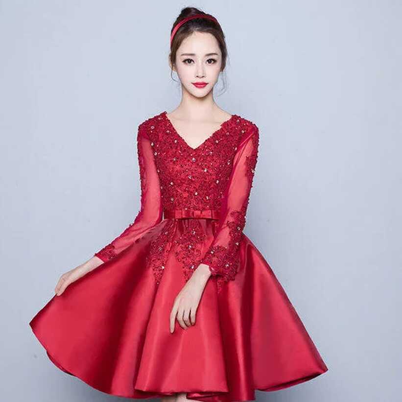 V Neck A Line Short Red Prom Cocktail Dress With Sleeves