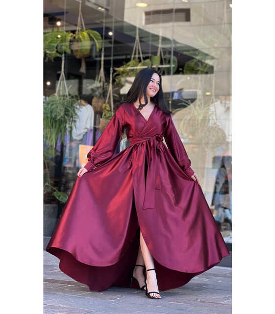 V Neck Back Long Maxi Satin Dress Burgundy