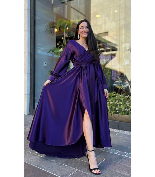 V Neck Back Long Maxi Satin Dress Purple