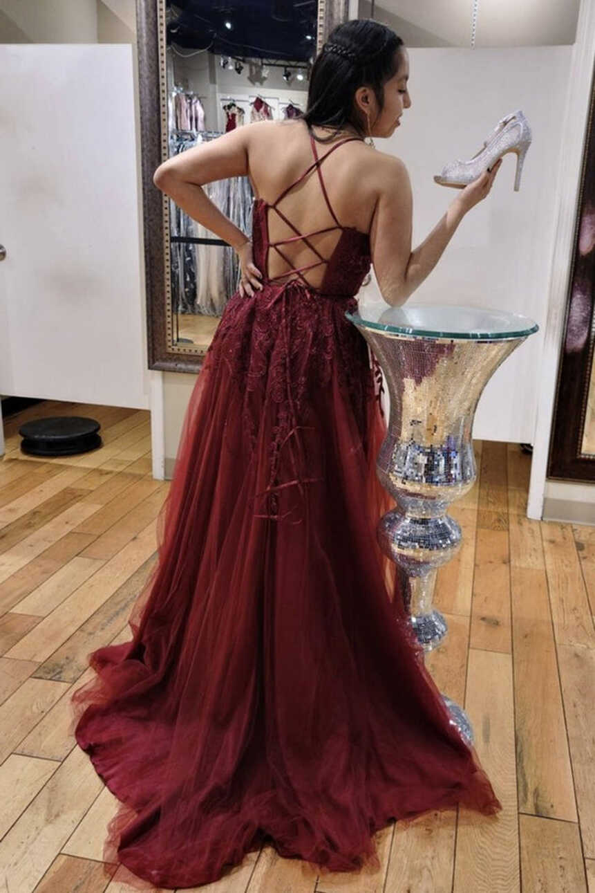 V Neck Backless Burgundy Lace Long Prom Dresses, Long Wine Red ...