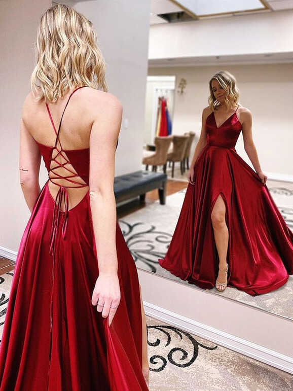 V Neck Backless Burgundy Satin Long Prom Dresses 2020 with Leg ...