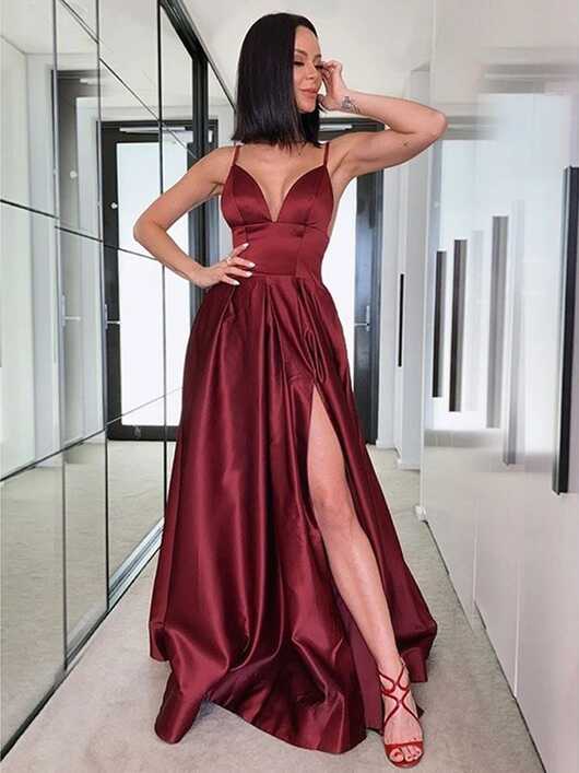 V Neck Backless Burgundy Satin Long Prom Dresses with High Slit ...