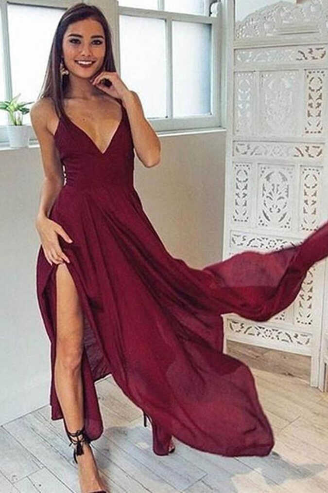 V Neck Backless Long Maroon/Burgundy Prom Dresses, Maroon/Burgundy ...