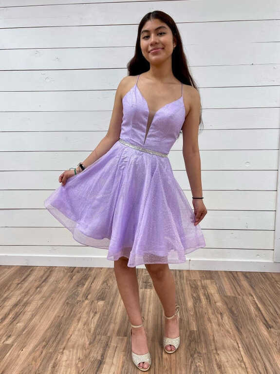 V Neck Backless Purple Tulle Prom Dresses with Belt, Backless ...