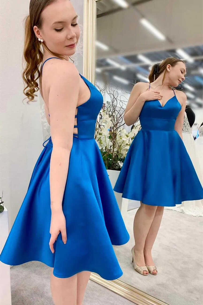 V Neck Backless Royal Blue Satin Short Prom Dresses, V Neck Royal ...