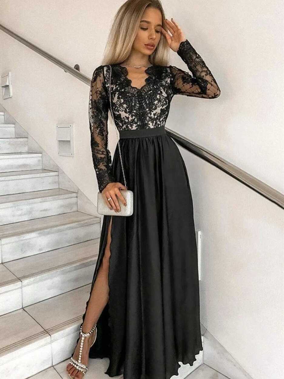 V Neck Black Lace Long Sleeves Prom Dresses with High Slit, Long ...