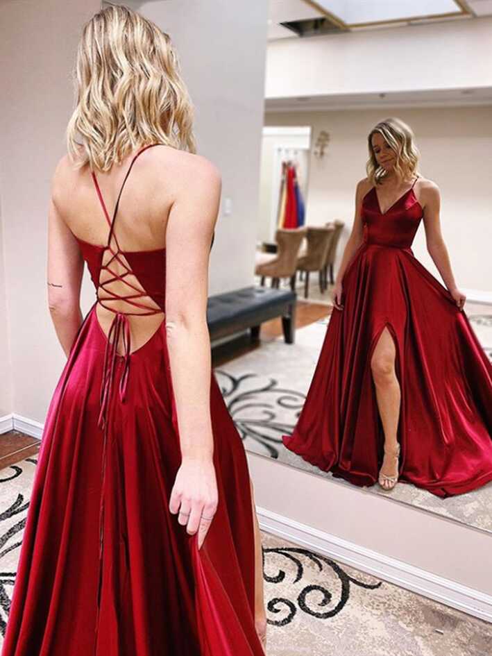 V Neck Burgundy Back Lace Up Satin Long Prom Dresses With Side ...