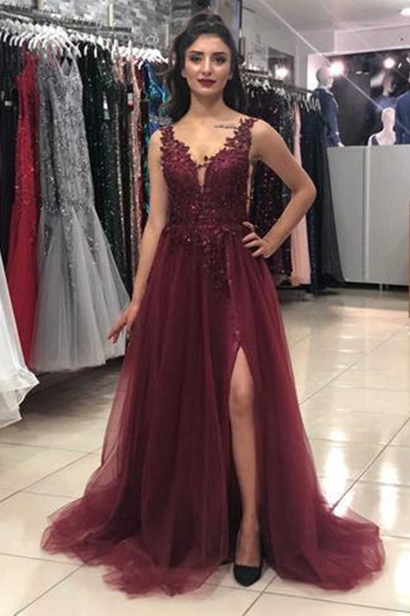 V Neck Burgundy Lace Long Prom Dresses with Slit, Burgundy Lace ...