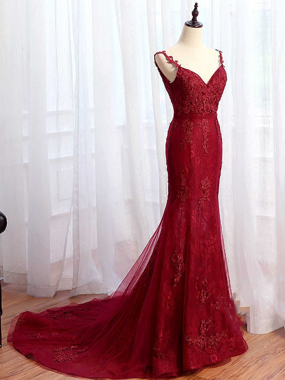 V Neck Burgundy Mermaid Lace Prom Dresses, Wine Red Mermaid Lace ...