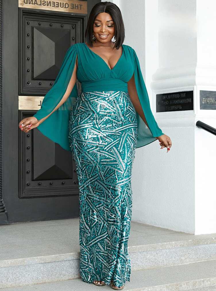 V Neck Contrast Sequin Plus Size Formal Maxi Evening Party Dress ...