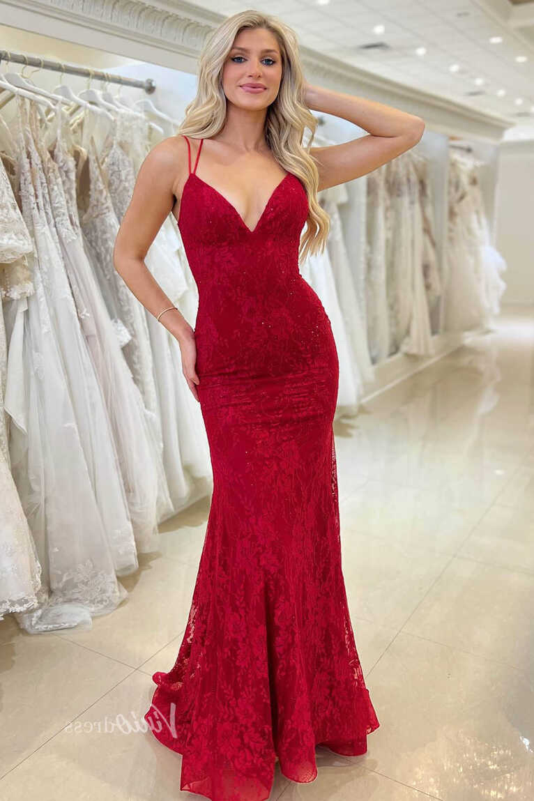 V-Neck Crisscross Strap Red Mermaid Lace Prom Dresses Long FD2136 ...