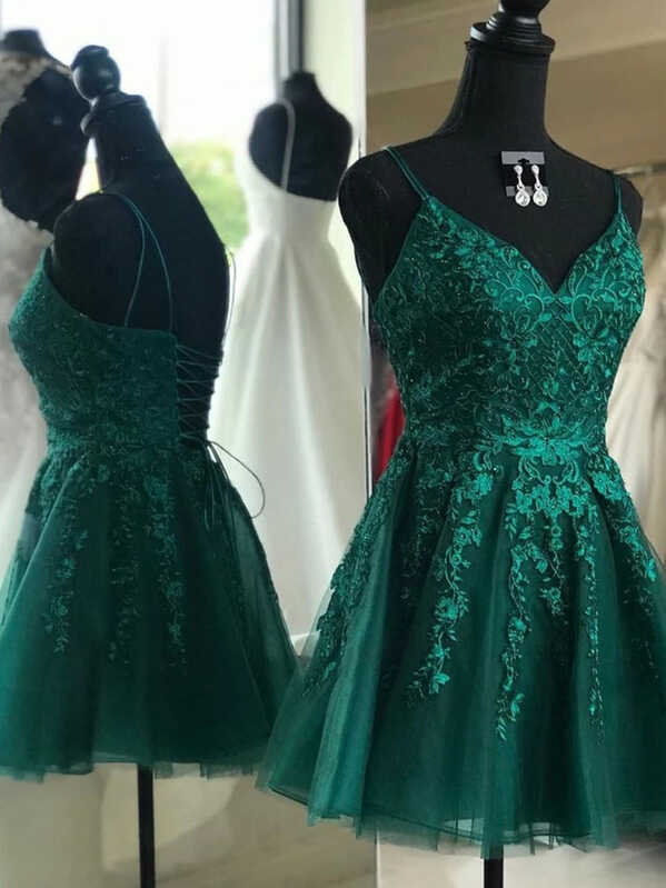 V Neck Emerald Green Lace Appliques Short Prom Dresses, Emerald ...