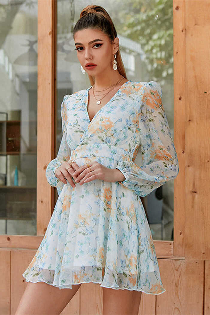 V-Neck Floral Long Sleeves Short Summer Dress – FancyVestido