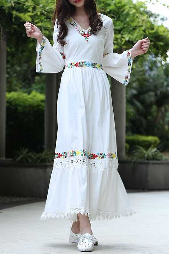 V Neck Flower Embroidery Maxi Dress WHITE