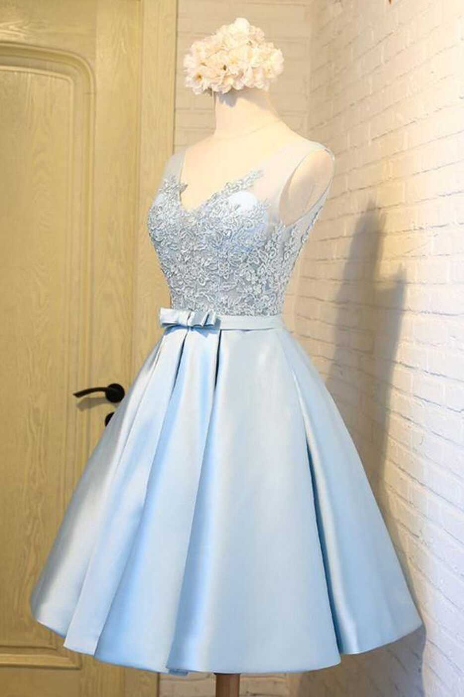 V-Neck Knee-Length Light Blue Satin Homecoming Dress With ...